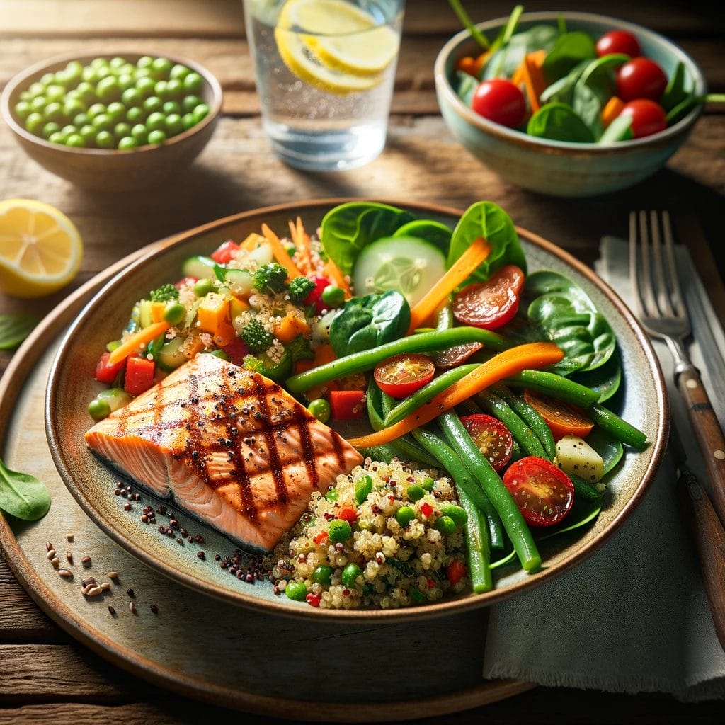 DALL·E 2024 03 26 13.10.51 A photograph of a well balanced nutritious meal placed on a rustic wooden table. The meal consists of grilled salmon as the main protein source a si