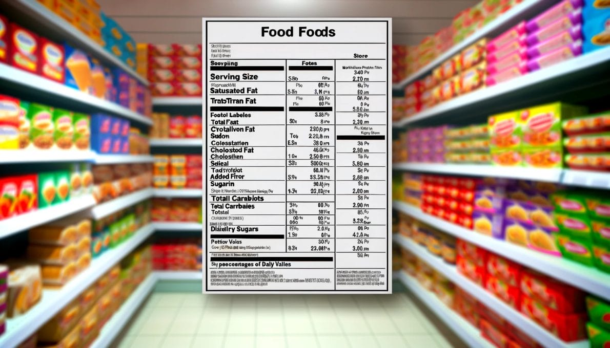 DALL·E 2024 03 26 15.00.19 Create an image of a supermarket aisle filled with various packaged foods. Each food item should clearly display its food label showing the nutrition